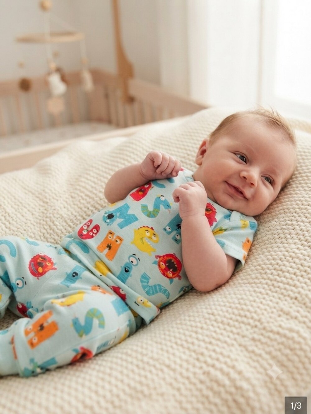 The Children's Place 0-3M Light Blue Monster Alphabet Pajama Set